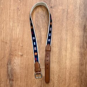 J. Crew Navy Belt with Nautical Flag Motif and Brown Leather Trim